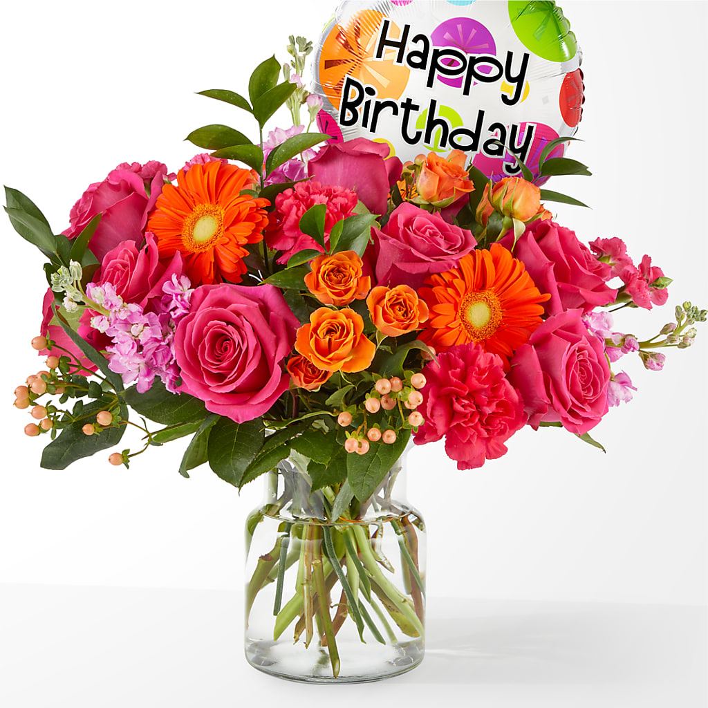 Fiesta Bouquet with Birthday Balloon – Garlington Florist, New Bedford MA