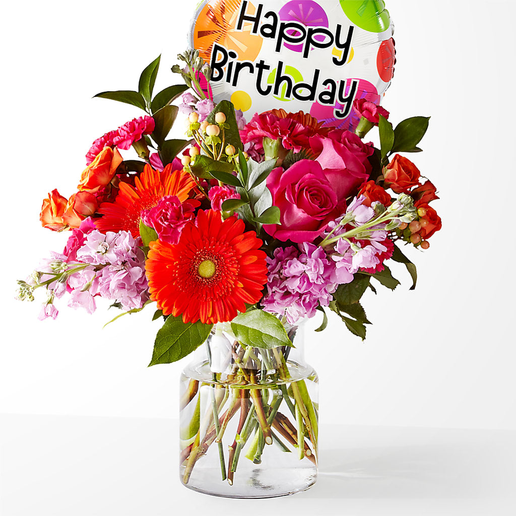 Fiesta Bouquet with Birthday Balloon – Garlington Florist, New Bedford MA