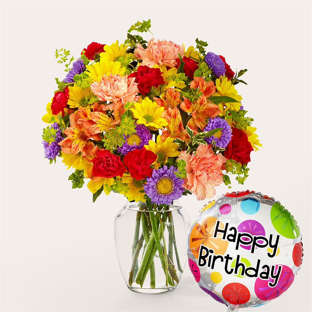 Kaleidoscope Bouquet with Birthday Balloon – Garlington Florist, New Bedford MA