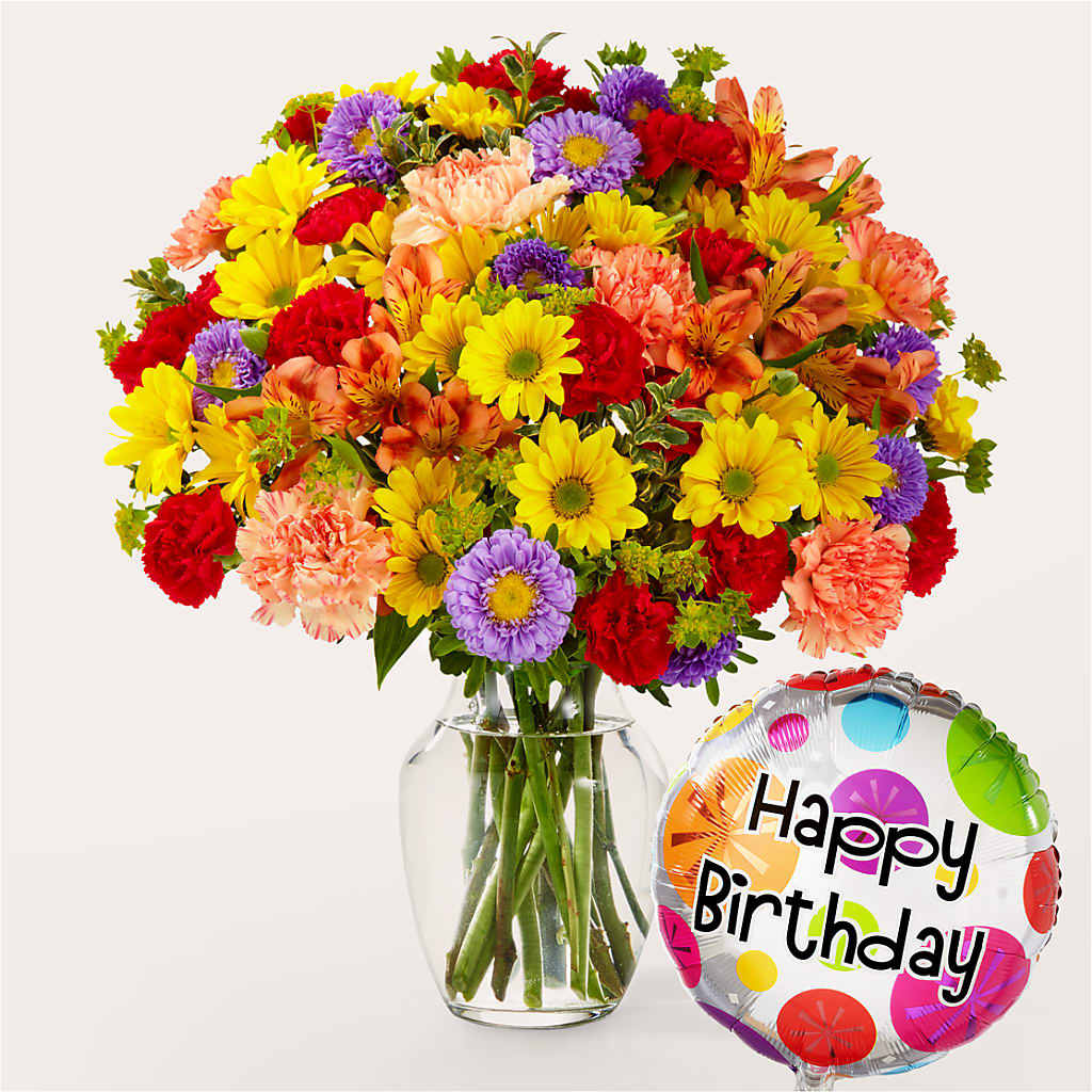 Kaleidoscope Bouquet with Birthday Balloon – Garlington Florist, New Bedford MA