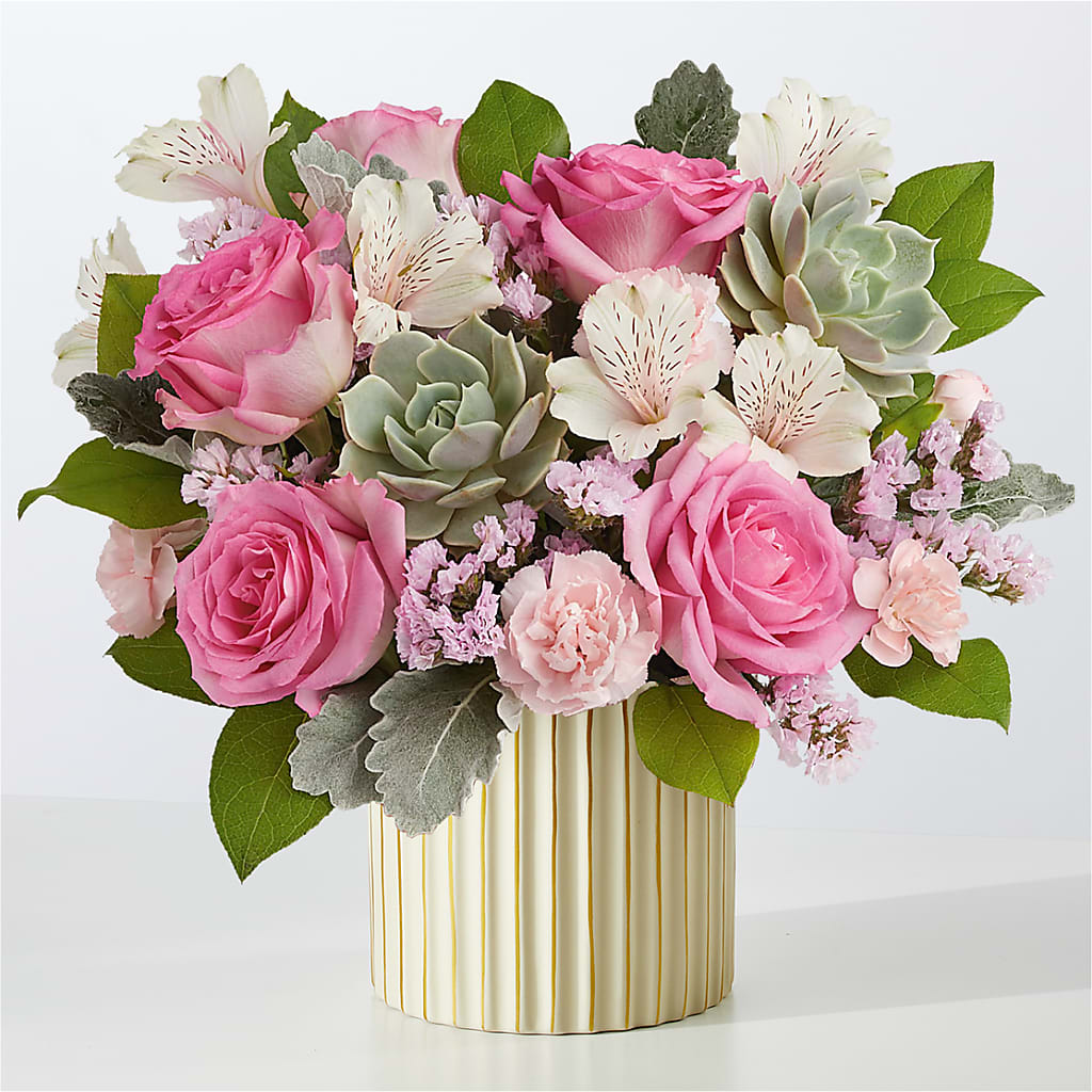 Dusty Rose Bouquet with Ivory Vase – Garlington Florist, New Bedford MA