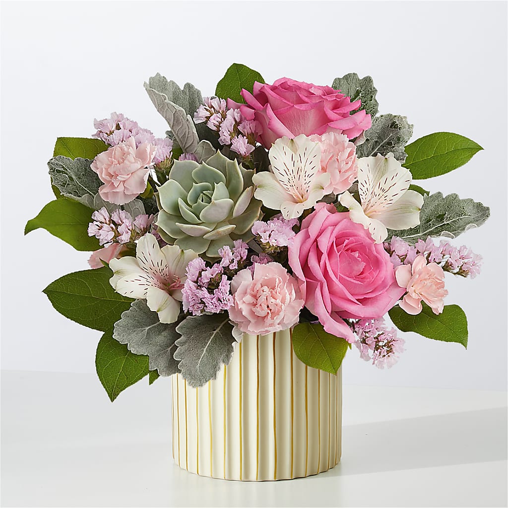 Dusty Rose Bouquet with Ivory Vase – Garlington Florist, New Bedford MA