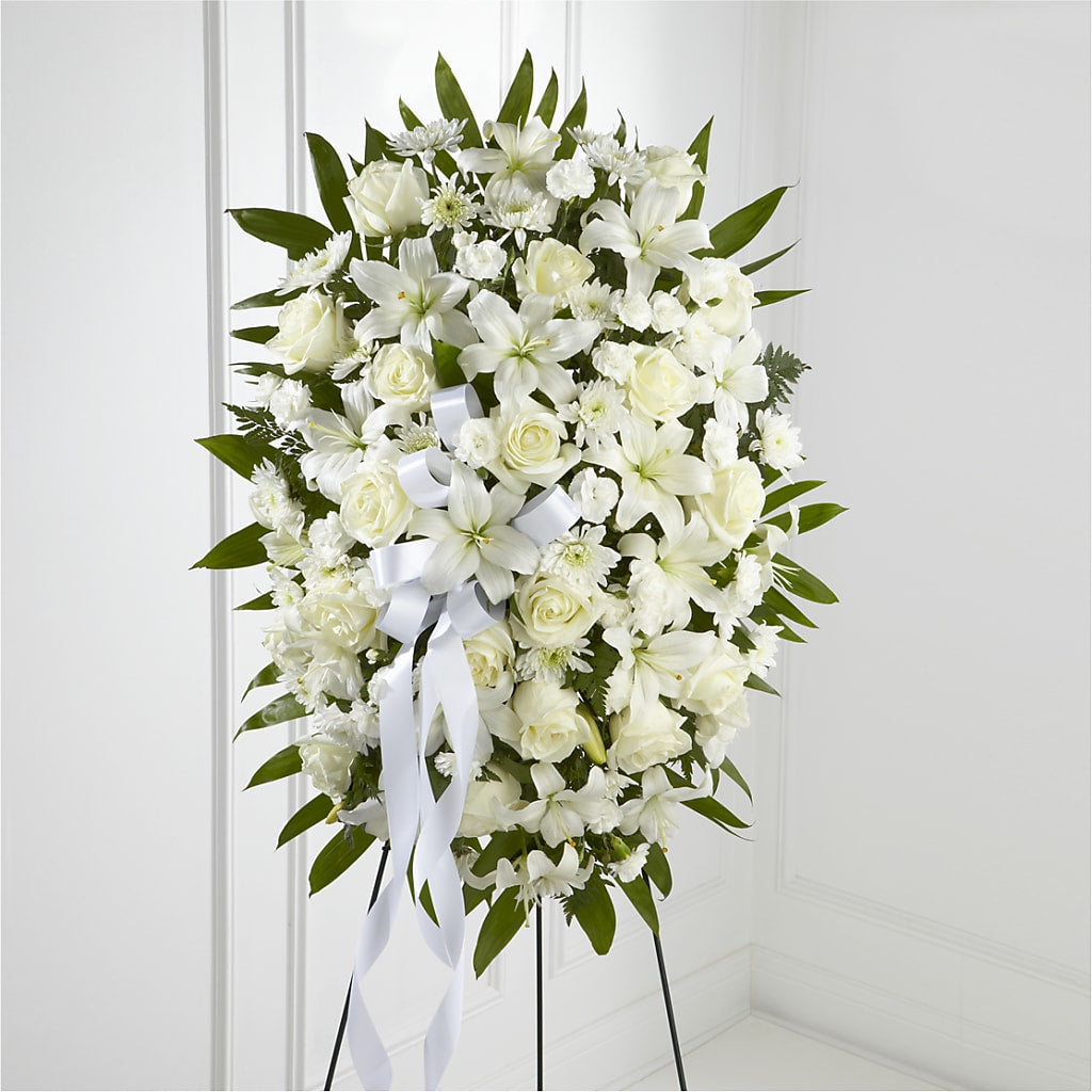 Exquisite Tribute Standing Spray-White Ribbon – Garlington Florist, New Bedford MA