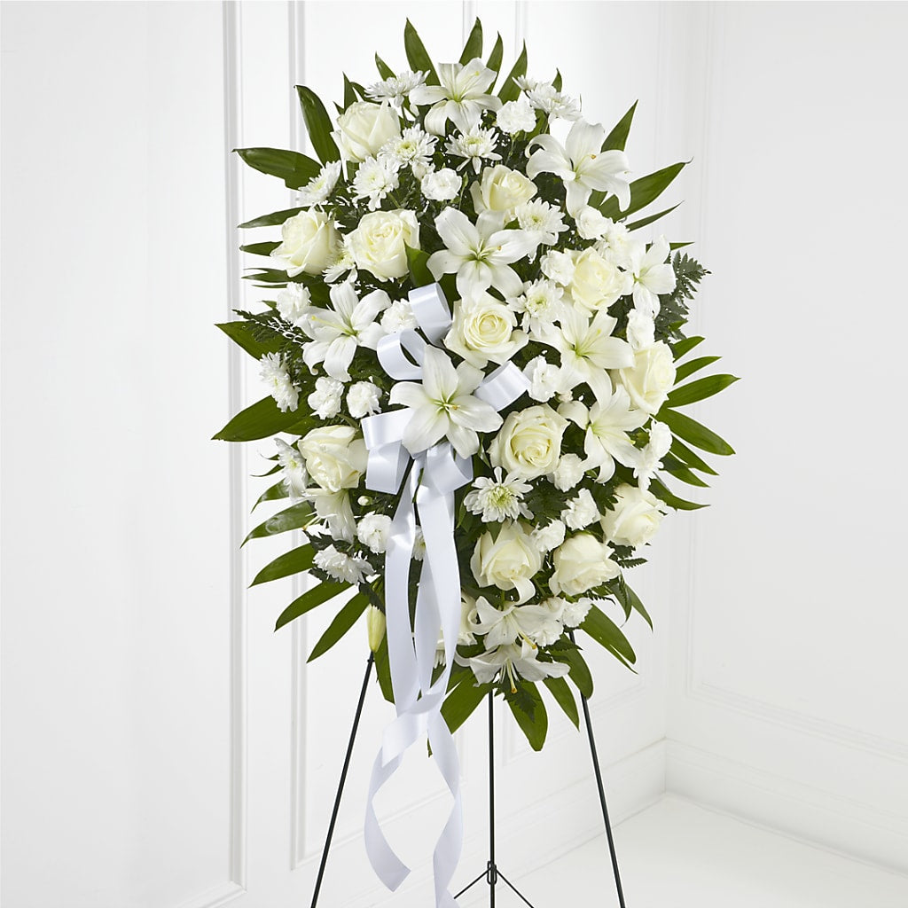 Exquisite Tribute Standing Spray-White Ribbon – Garlington Florist, New Bedford MA