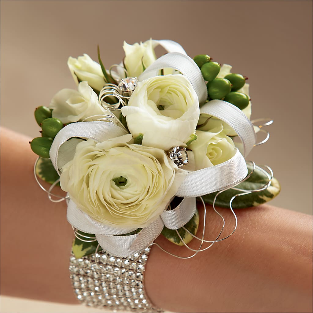 White Wedding Corsage – Garlington Florist, New Bedford MA